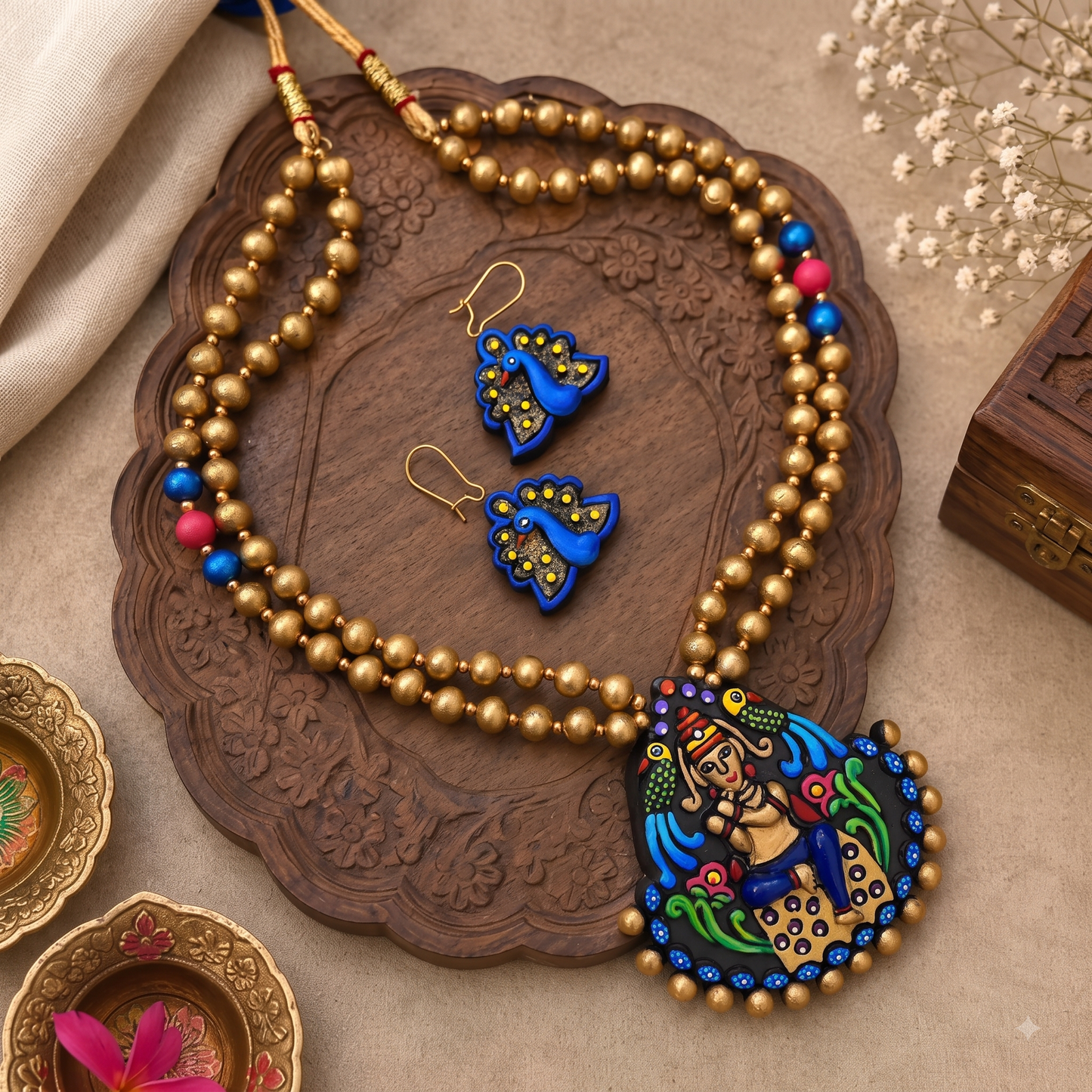 Handcrafted Terracotta Lord Krishna Necklace with Peacock Earrings