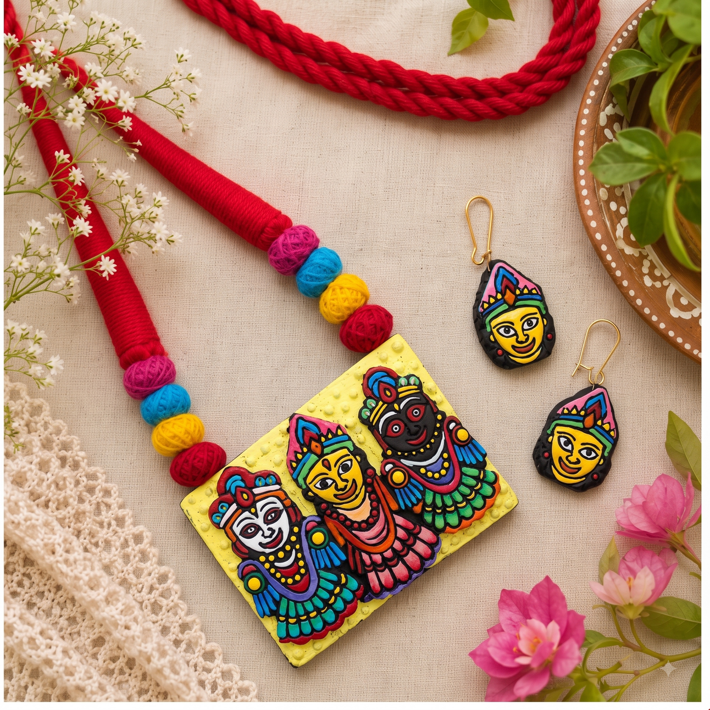 Handcrafted Terracotta Jewellery Set – Lord Jagannath, Balabhadra & Subhadra