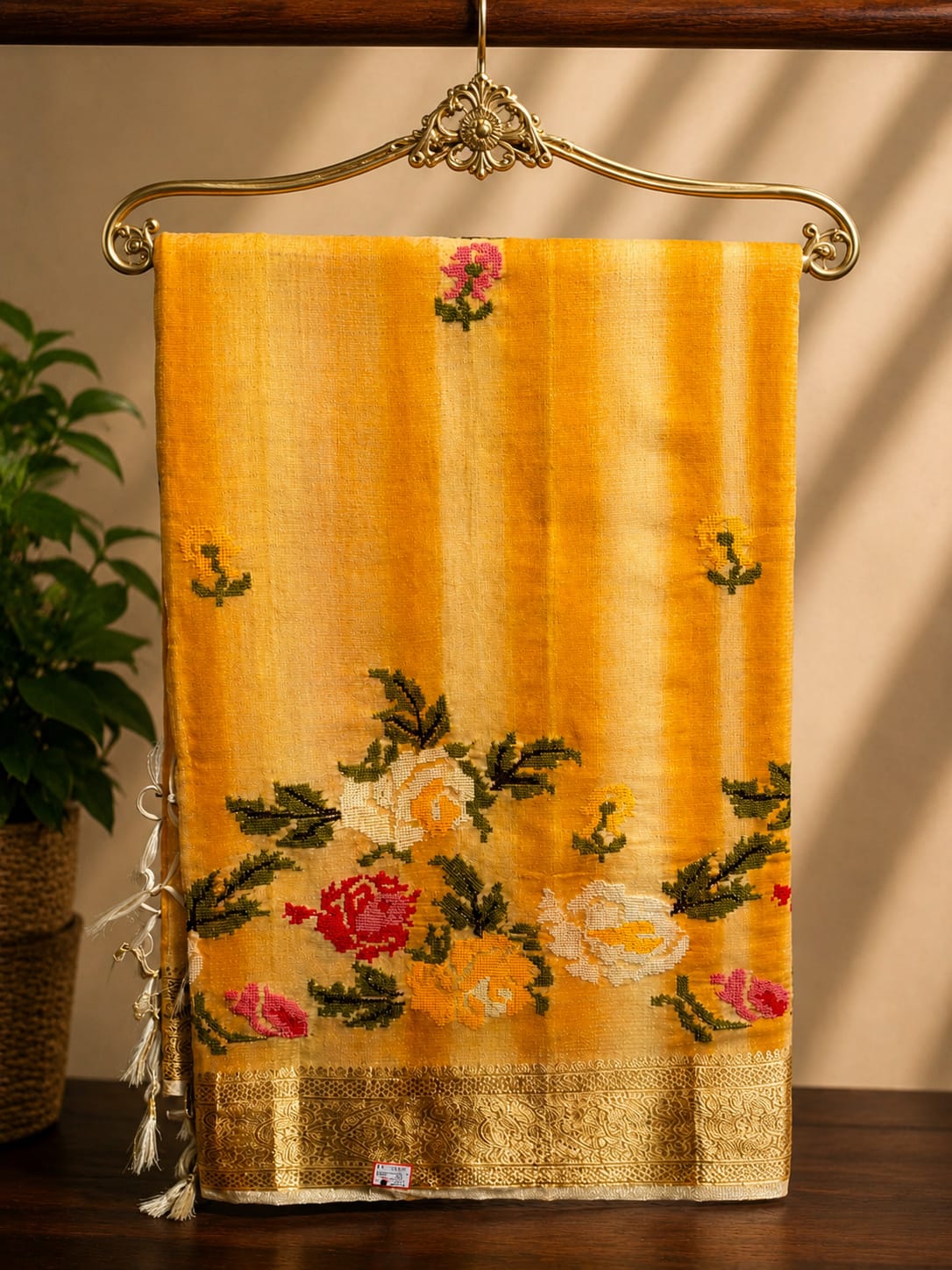 yellow kota embroidery saree