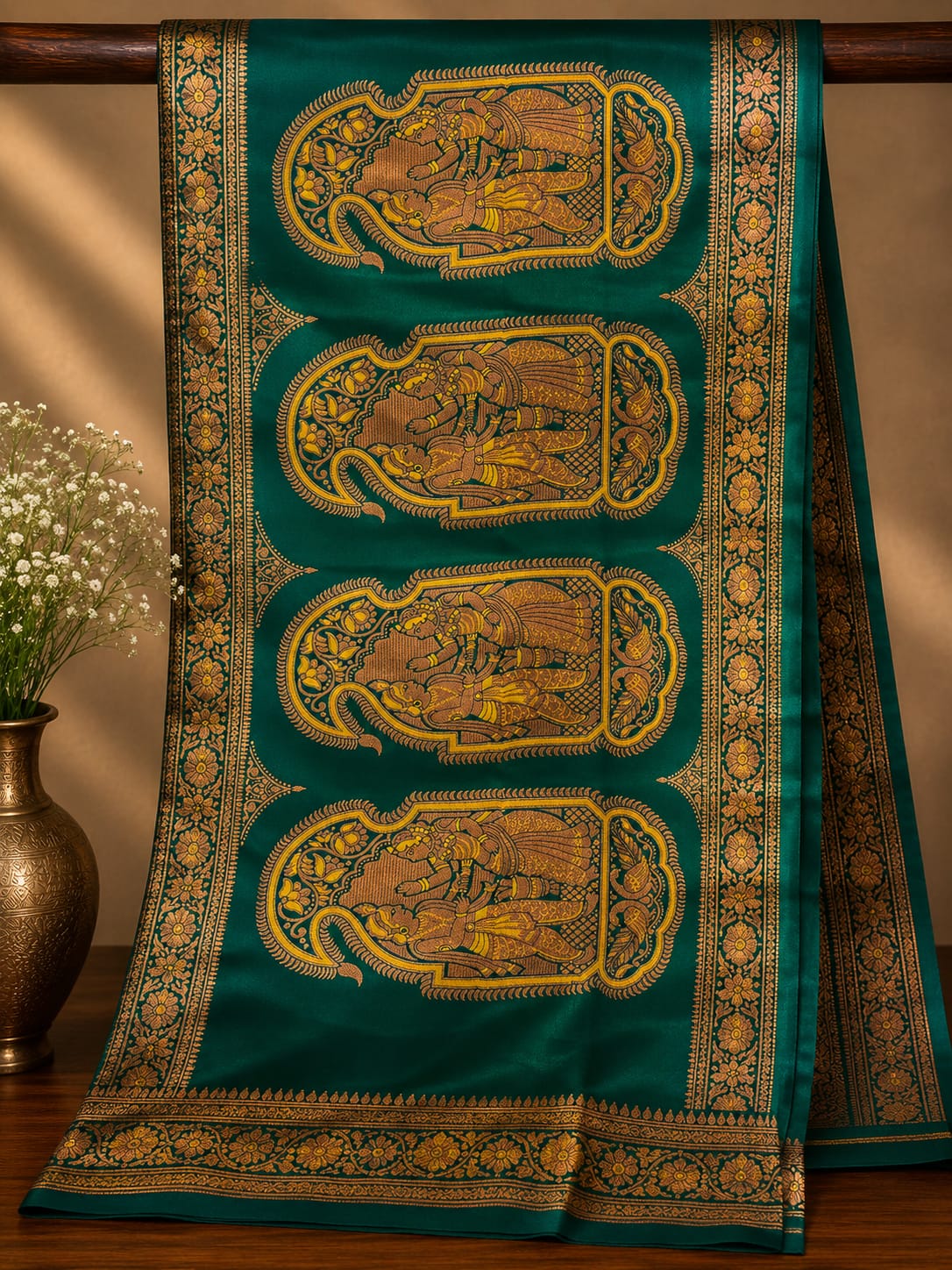 A dark teal green silk saree with four large gold and brown elephant motifs and ornate borders, draped elegantly on a wooden stand next to a vase of white flowers.
