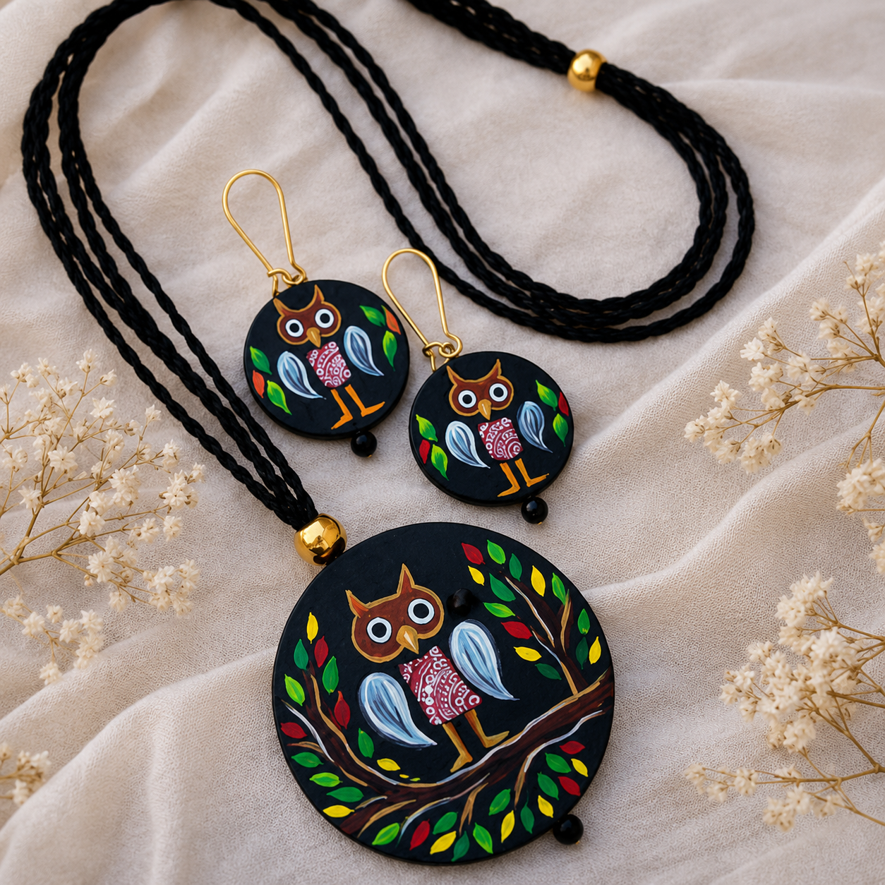 Handcrafted Owl Terracotta Necklace & Earrings Set