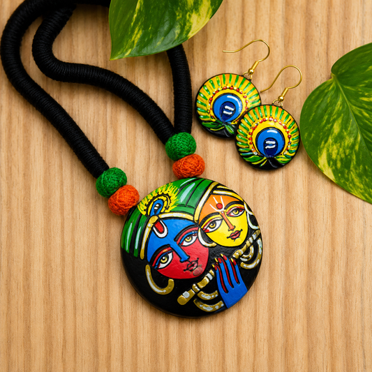 Handcrafted Krishna & Radha Hand-Painted Necklace & Earrings Set