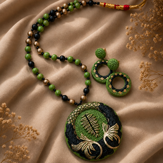 Handcrafted Terracotta Floral Pendant Necklace Set