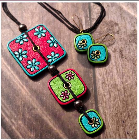 Handmade Floral Terracotta Necklace & Earrings Set