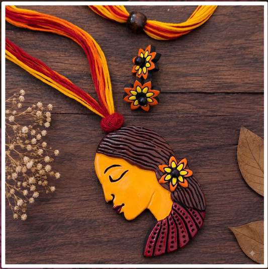 Handcrafted Terracotta Woman Face Necklace & Earrings Set