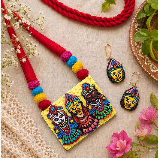Handcrafted Terracotta Jewellery Set – Lord Jagannath, Balabhadra & Subhadra