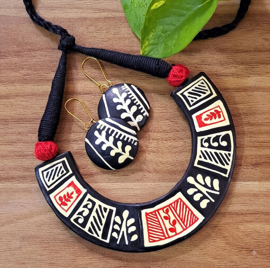 Handcrafted Black Tribal Folk Art Necklace & Earrings Set