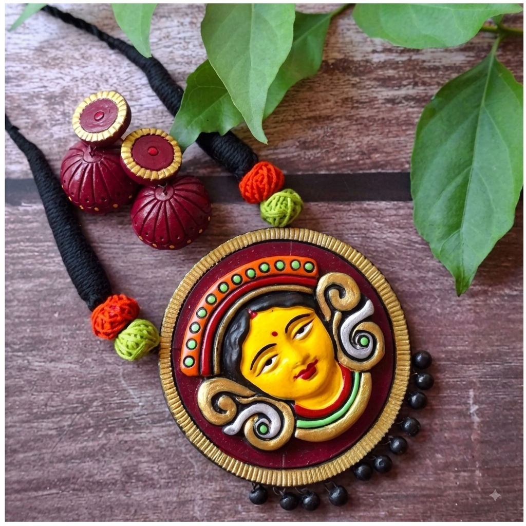 Handcrafted Goddess Durga Hand-Painted Necklace & Earrings Set