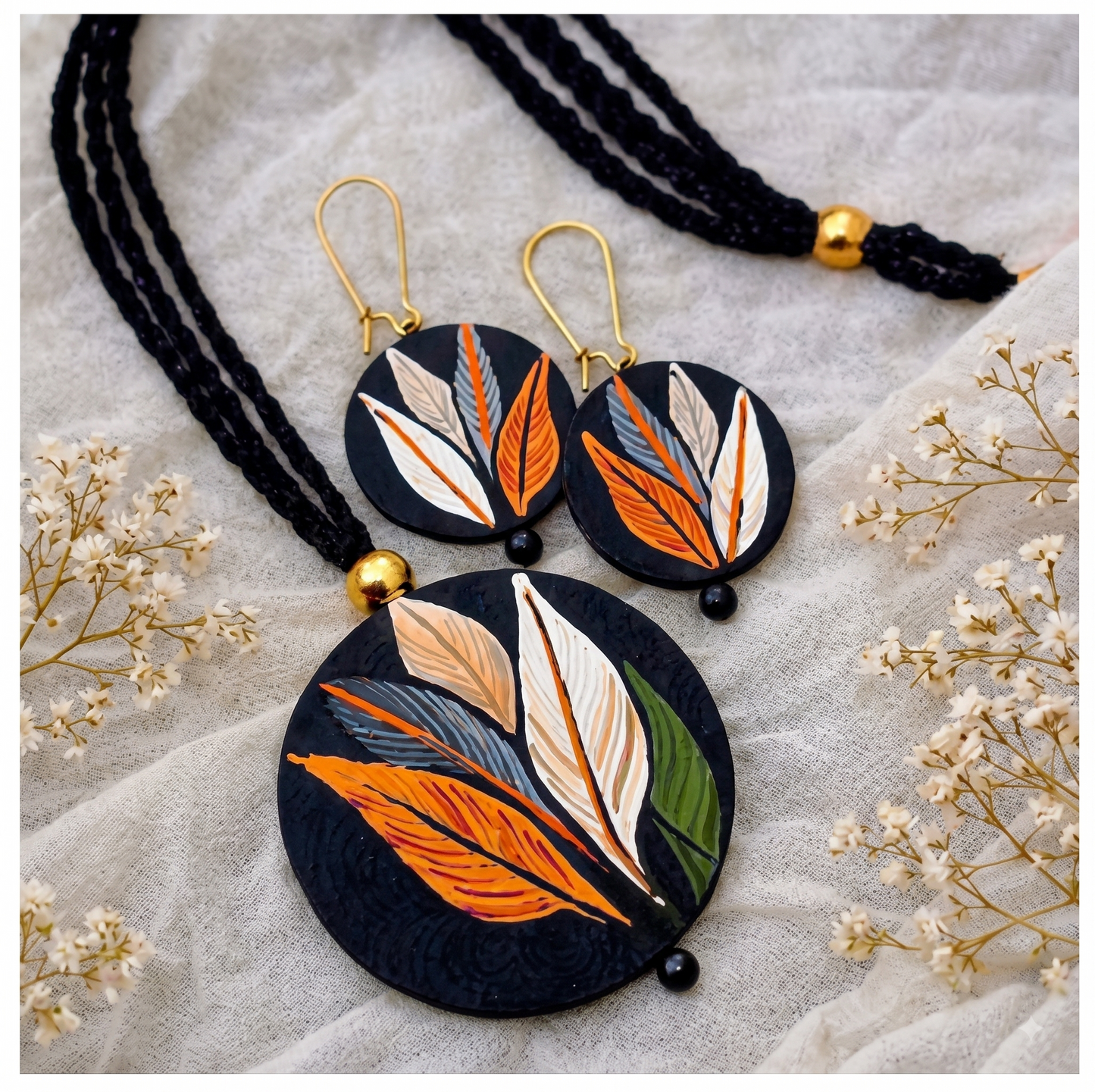 Handcrafted Feather Design Necklace & Earrings Set