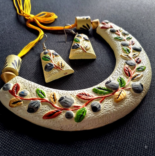 Handcrafted Floral Terracotta Necklace & Earrings Set