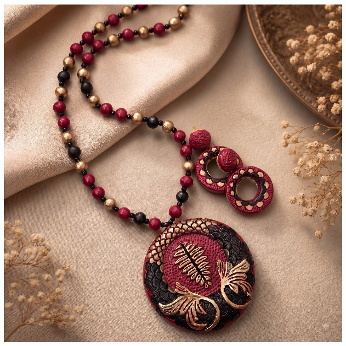 Handcrafted Terracotta Floral Pendant Necklace Set