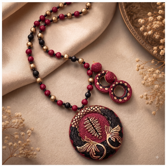Handcrafted Terracotta Floral Pendant Necklace Set