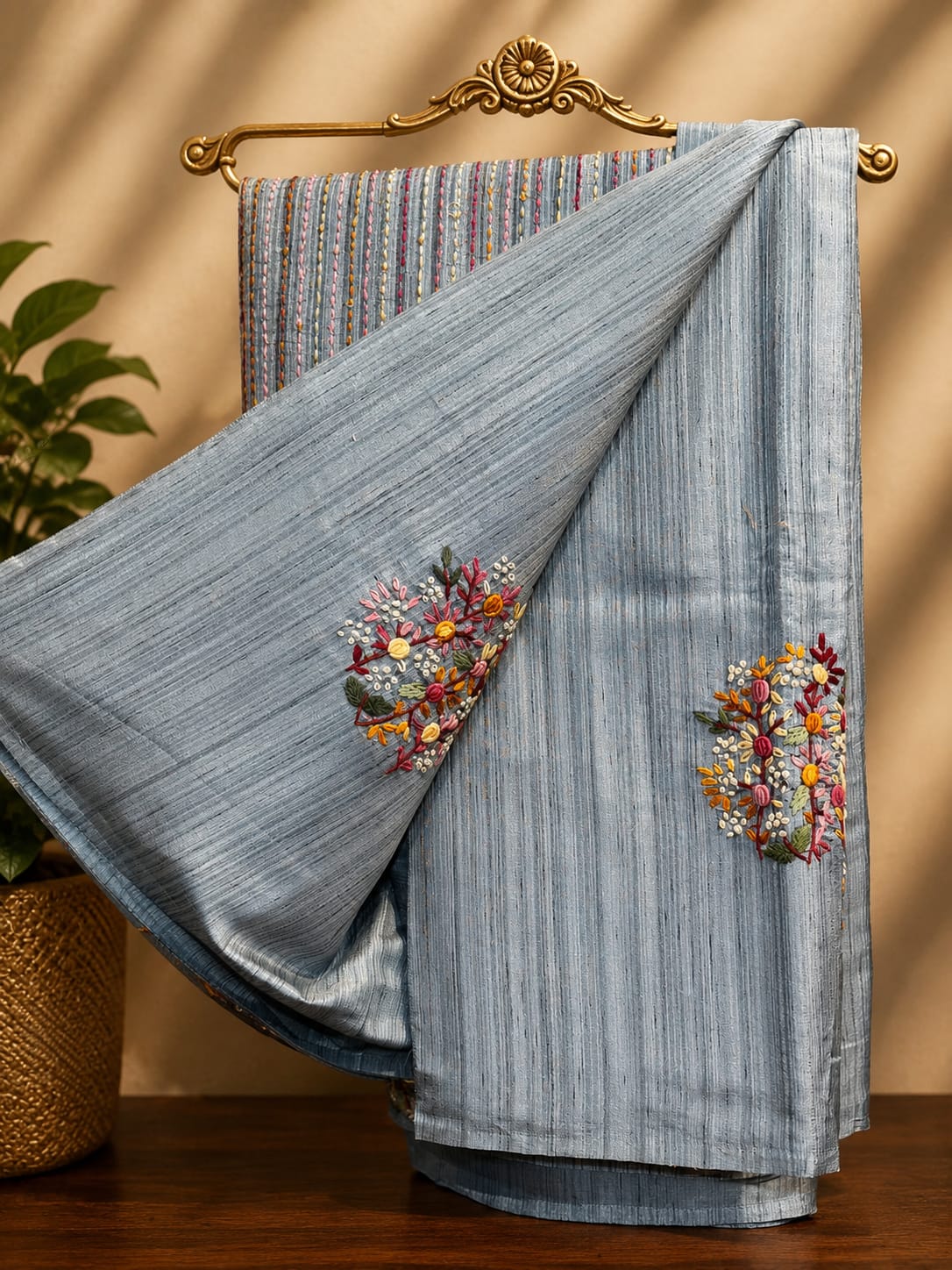 Grey Embroidered Bangalore Silk Saree