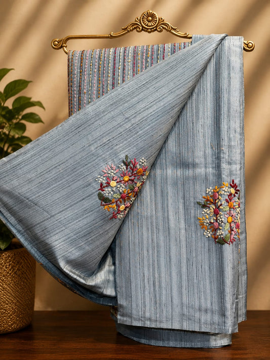 Grey Embroidered Bangalore Silk Saree
