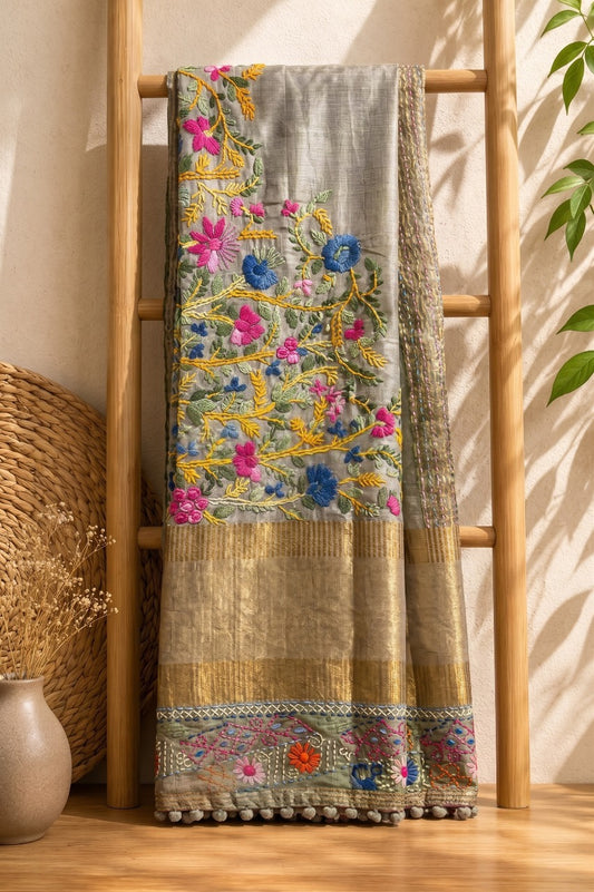 Pure Tussar Silk Saree with Hand Embroidery