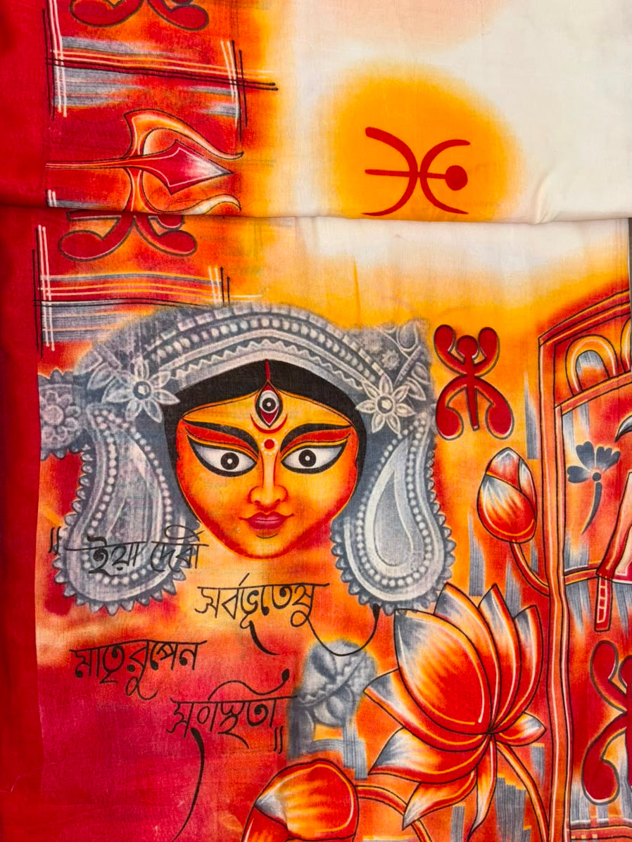 A close-up of Maa Durga Hand-Painted Handloom Cotton Saree