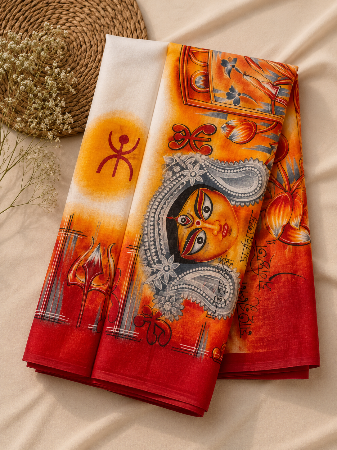 A folded red and orange fabric with a traditional Indian folk art illustration of a goddess face, displayed on a beige fabric background with decorative dried flowers and a woven mat.