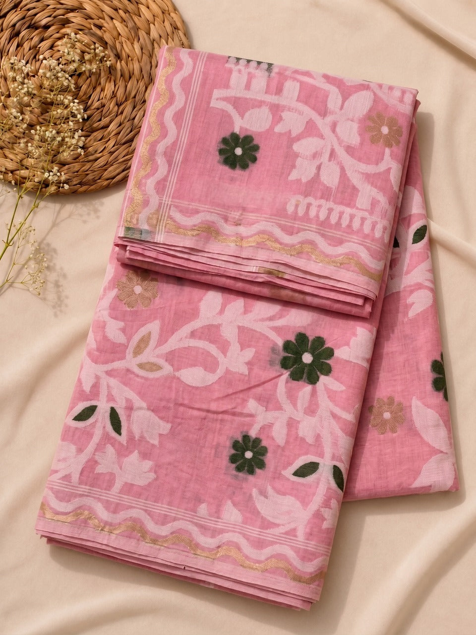Pink & White Jamdani Handloom Cotton Saree
