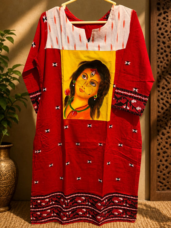 Red Artisan Hand-Painted Cotton Kurti with Embroidery