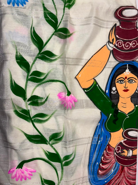 A close-up of a white cotton hand-painted handloom saree