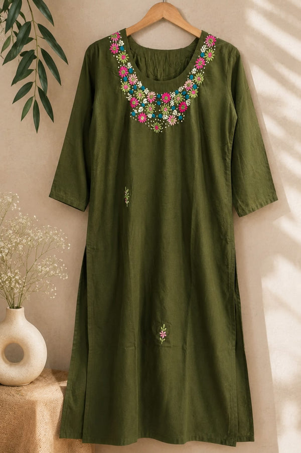 Green Hand Embroidered Kurti with Pant Set
