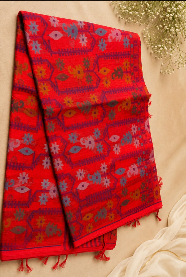 Dark Red Jamdani Handloom Saree